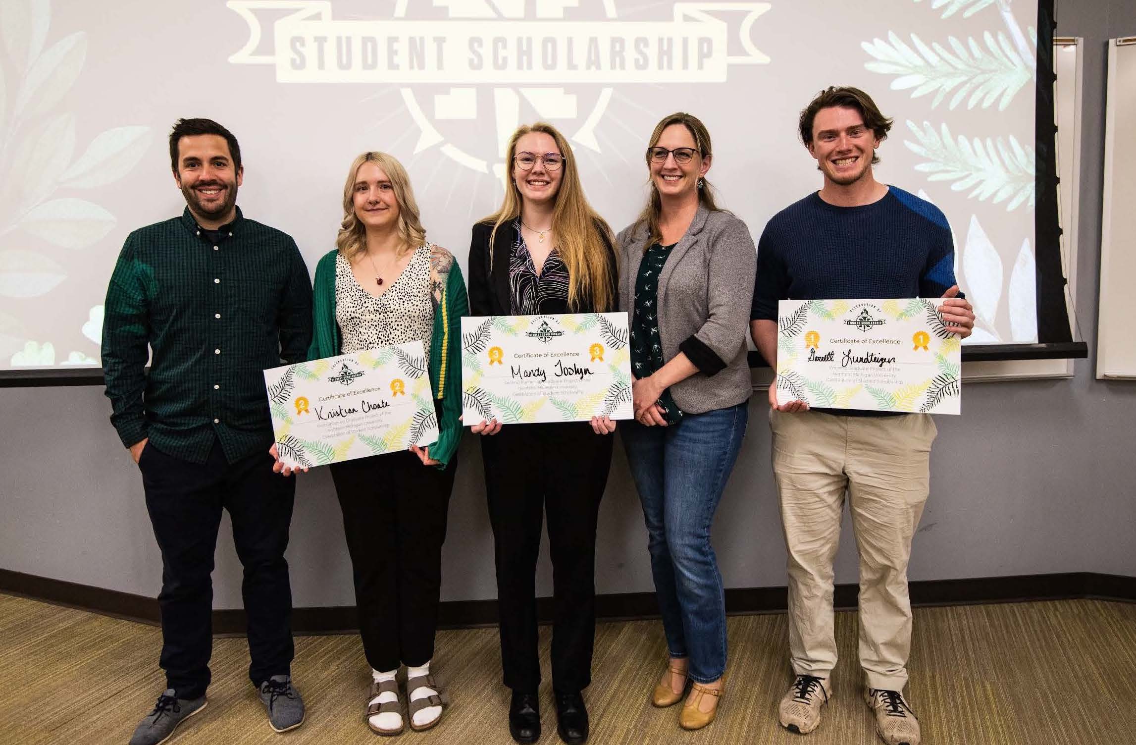 Graduate poster winners (L to R): Danny LeBert, Kristian Choate, Mandy Joslyn, Dr. Jane Harris, Garrett Lundteigen