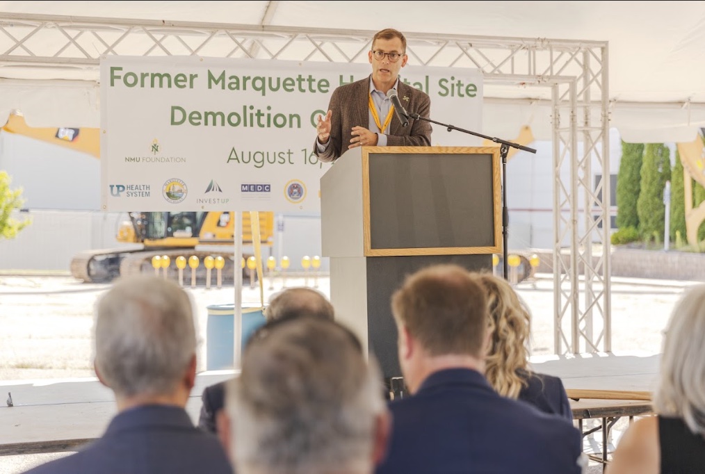 NMU President Brock Tessman speaks at the ceremony.