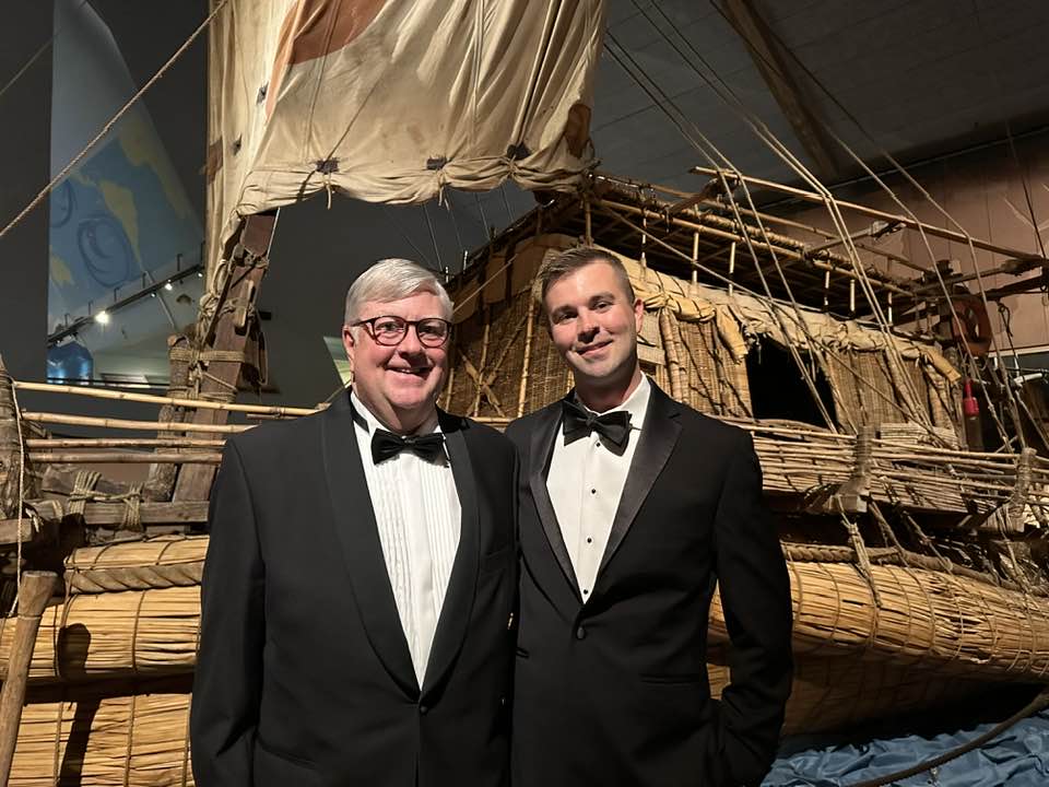 Bowerman with his son, John, at the Kon-Tiki Museum in Oslo.