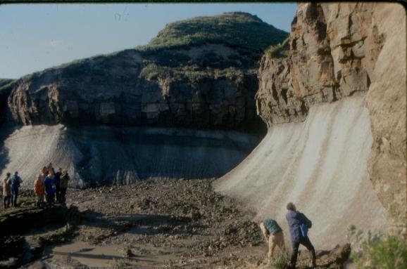 Massive ground ice in the Yamal Peninsula (northwestern Siberia), exposed when a large section of the active layer became detached and moved downhill.