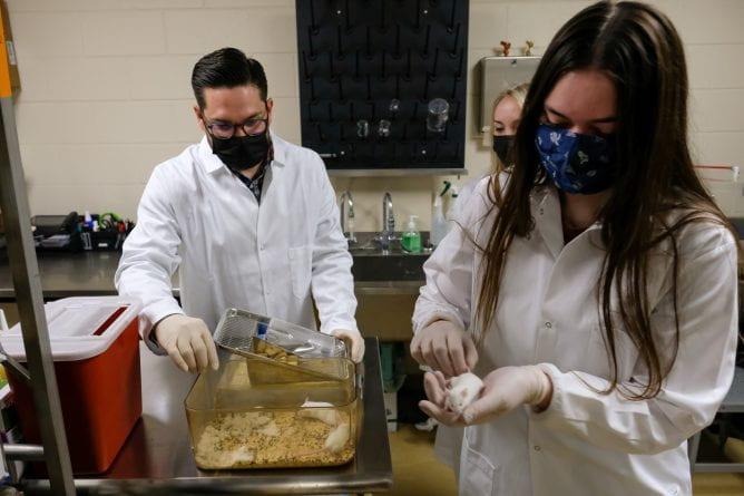 Hillhouse (left) with students in his lab (UWGB photo)