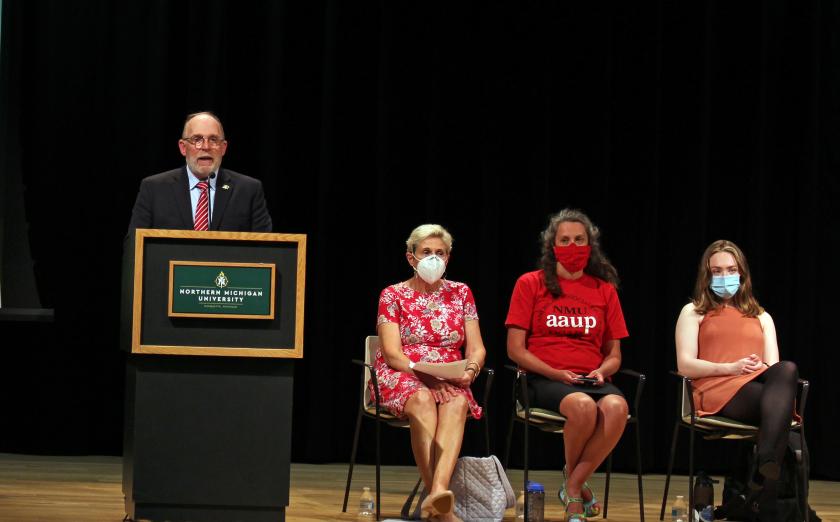 Erickson (left) with Provost Kerri Schuiling, Academic Senate Chair Norma Froelich and ASNMU President Bethany Beavers