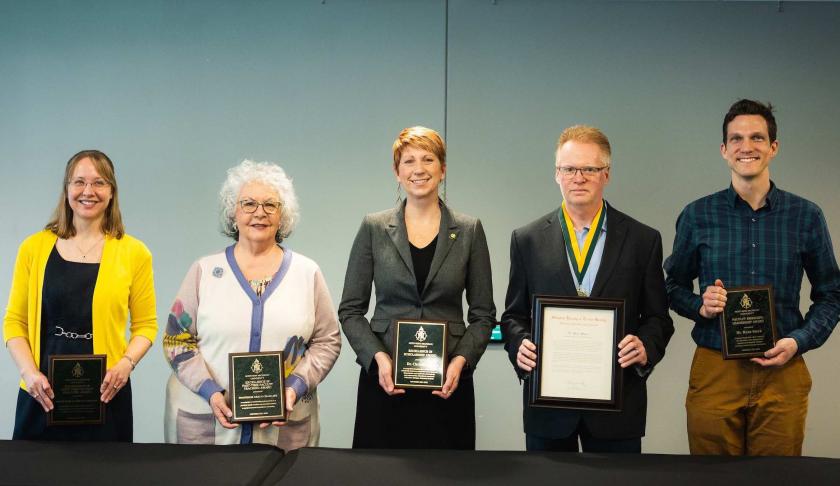 2021-22 award recipients attending the celebration were (from left): Johnson, Chaillier, Edge, Mann and Stock.