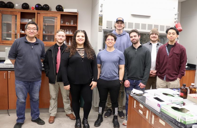 (From left): Liu and students Ender Harris Natalia Correa, Jacob Cortez, Sam Smith, David Gregorich, Garrett Meso and Derek Baluyut