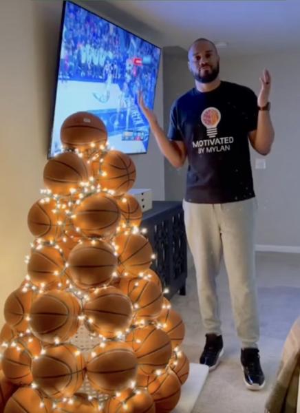 Murphy with a basketball Christmas tree