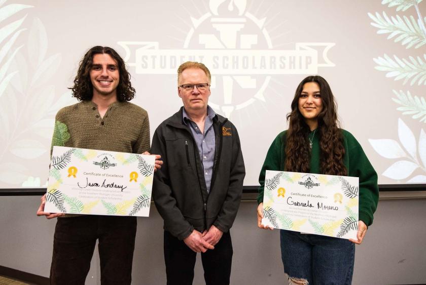 L to R: Undergraduate Lower Division winner Jason Andary, Dr. Paul Mann, Gabriela Moreno