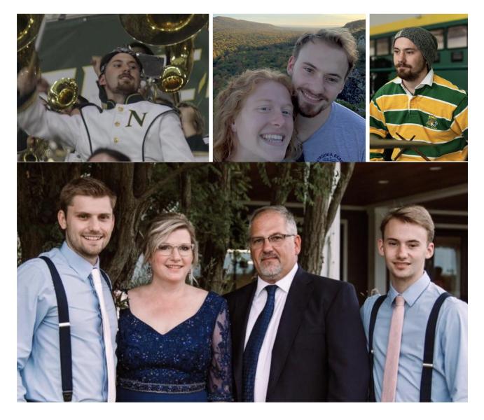 (Top): Carson Needham in NMU bands and with girlfriend Lauren Mauser. Bottom: Charley, Cristy, Dave and Carson Needham at a family wedding.