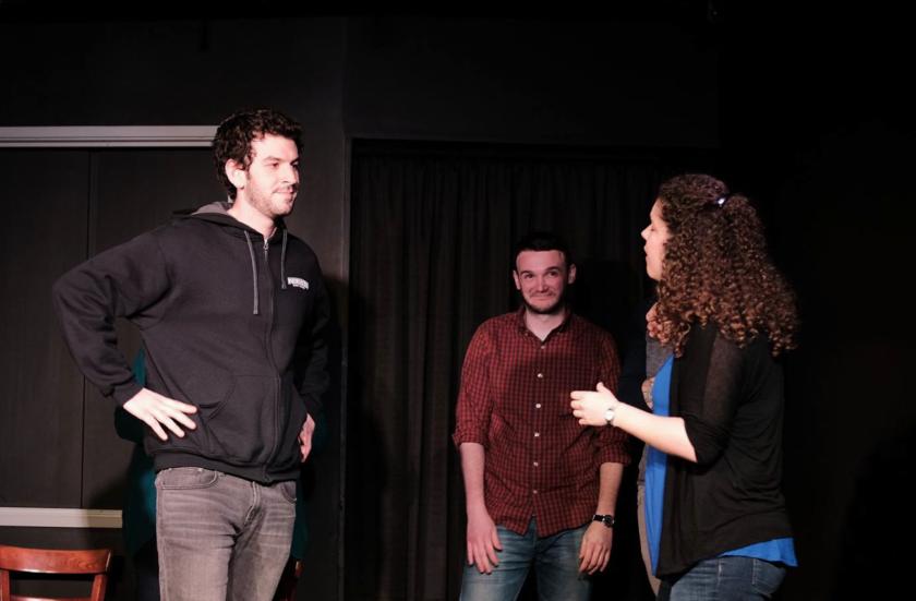 Felsman (left) doing improv with a house team called Brenda at Pointless Brewery & Theatre in Ann Arbor, which is now closed.