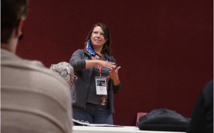 Playwright Karen Saari at a rehearsal (FIM photo)