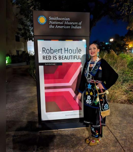 Diehlman in a traditional Anishinaabe strap dress before the reception.