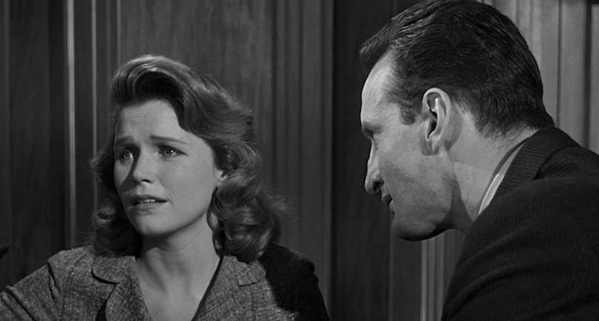 Actors Lee Remick and George C. Scott in a courtroom scene from "Anatomy of a Murder" (IMDb photo)