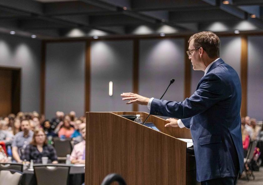 Tessman delivering his first convocation last year.