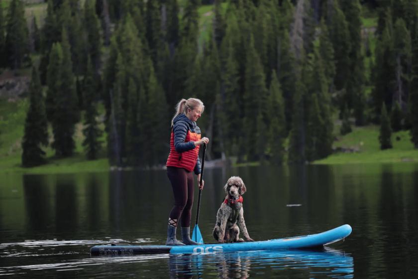 Mathewson practicing self-care on a paddleboard with her standard poodle (Top O' the World student newspaper photo)