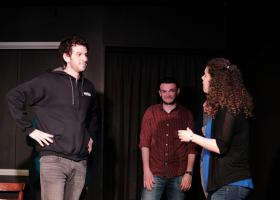 Felsman (left) doing improv with a house team called Brenda at Pointless Brewery & Theatre in Ann Arbor, which is now closed.