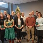 From left: Gold, Cameron-Standerford, Marquardson, McFawn, Technology and Occupational Sciences Dean Bob Eslinger, Glendening, Provost Kerri Schuiling, President Fritz Erickson, College of Arts and Sciences Dean Rob Winn, Vice President for Extended Learning and Community Engagement Steve VandenAvond, Ulland and Essila.