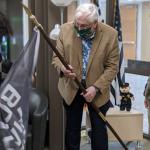 BSU members present a Black Lives Matter flag to Hanson (North Wind photo)