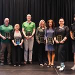 President Tessman with Excellence in Service Award winners Roo, Shaw, Cullen, Riipi, Koski, Hamari and Buckmaster. Not Pictured: Nicole Walton