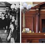 Charles "Chuck" Johnson is pictured lower left in the 1975 yearbook photo and as a presiding judge in the same courtroom earlier this month. The yearbook photo shows (front row L to R): Johnson, president of the Pre-Law Society; John Rogers; and Doug Courtney. Back Row L-R: Jeff Swarbich, vice president; Dennis Baldinelli; Greg Rose; Liz Polloch, Secretary; Dick Ralph; Dr. John Ashby, Adviser; Larry Ziehm; Jeff Wellman; and Dave Reinhard.