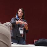 Playwright Karen Saari at a rehearsal (FIM photo)