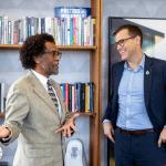 Joseph Baynesan of the Michigan Department of LEO-WD (left) meets with NMU President Brock Tessman on campus.