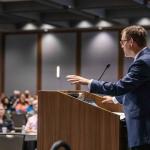 President Brock Tessman delivering his first convocation last fall.