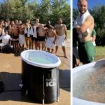 Left photo: Mann (center front) with the team behind the ice tubs. Right: a player "chills" as teammates watch