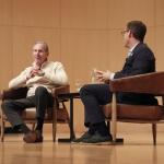 Howard Schultz (left) addresses students during a conversation moderated by President Brock Tessman