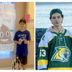 Caleb Bell in the hospital at 12, and in his NMU club hockey jersey