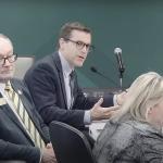 NMU President Brock Tessman (center) at the board meeting with Chair Steve Young and Vice Chair Alexis Hart