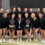 NMU Dance Team members with their trophies. Front Row: Abigail Luke, Audrey McIntosh, Allyson Smail, Erin Seiler, Keira Loranger and Jenna Filieri. Back Row: Fairyn Novak, Madeline Longson, Abigail Foskuhl, Lillian Anderson, Ava Hansen, Nina Osier, Tiffany Myres and Rilan Cope.